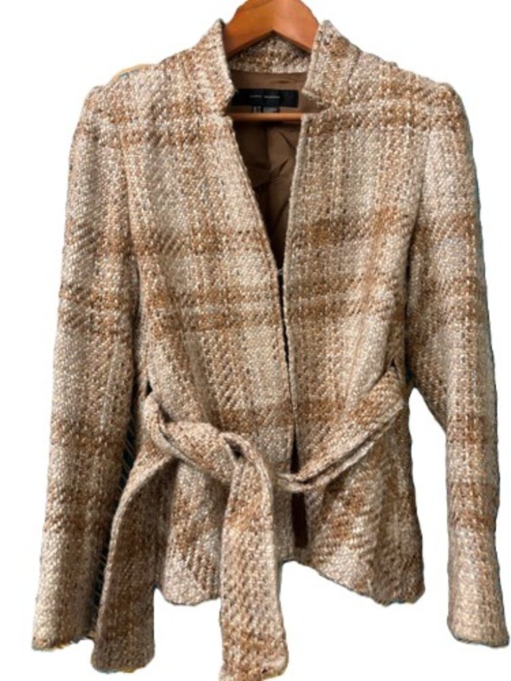 Zara Woman Fitted Cropped Blazer Weave Tweed Beige, 8